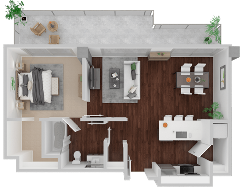 Floor plan for 1 bed, 1 bath, 749 sqft